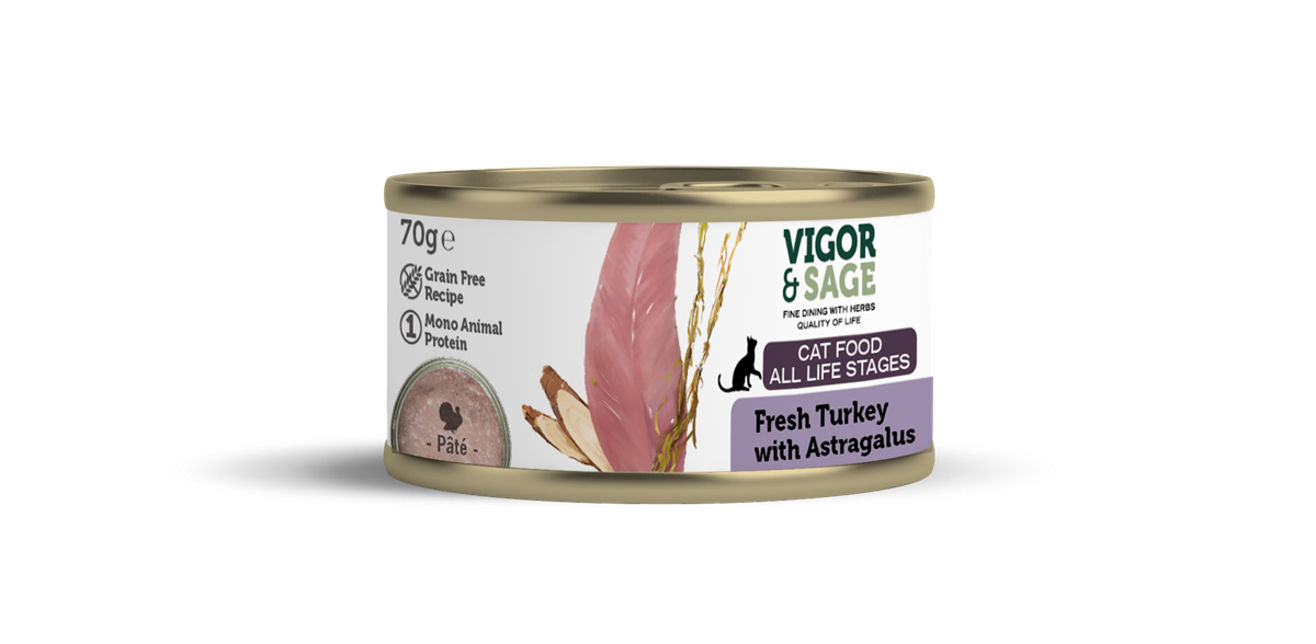 UTGÅTT VS Astragalus & Fresh Turkey Cat Food-70G Can